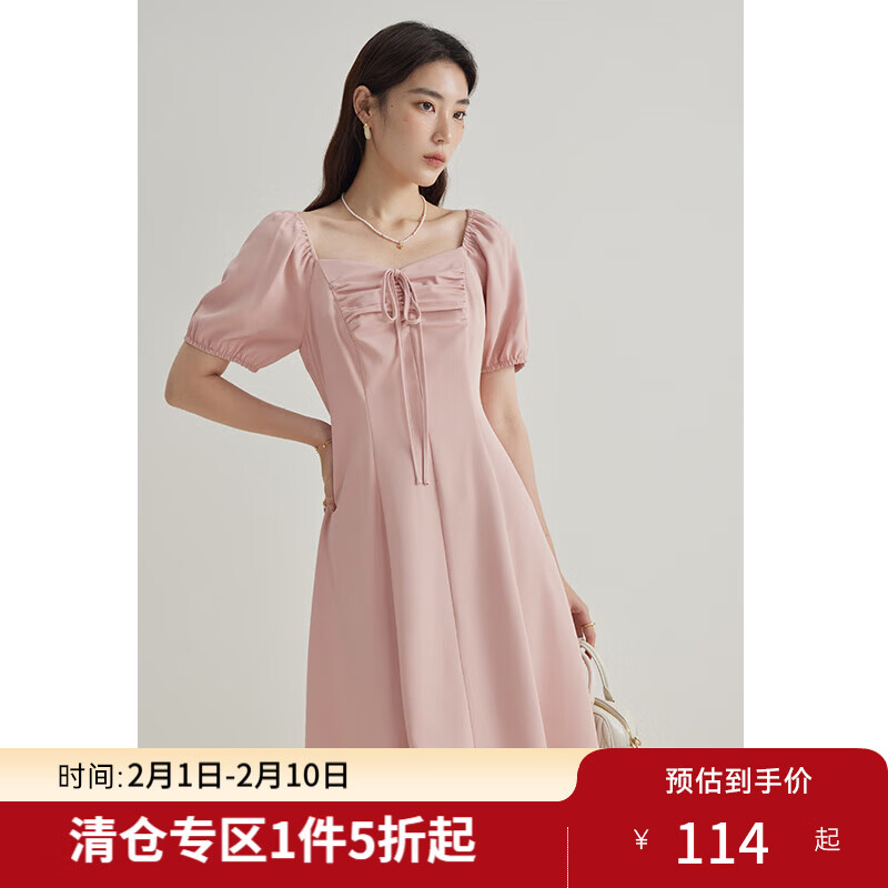 独束微胖M大码女法式甜美风浪漫收腰显瘦连衣裙24DY82529/82731 芭蕾粉 M (尺码：1)