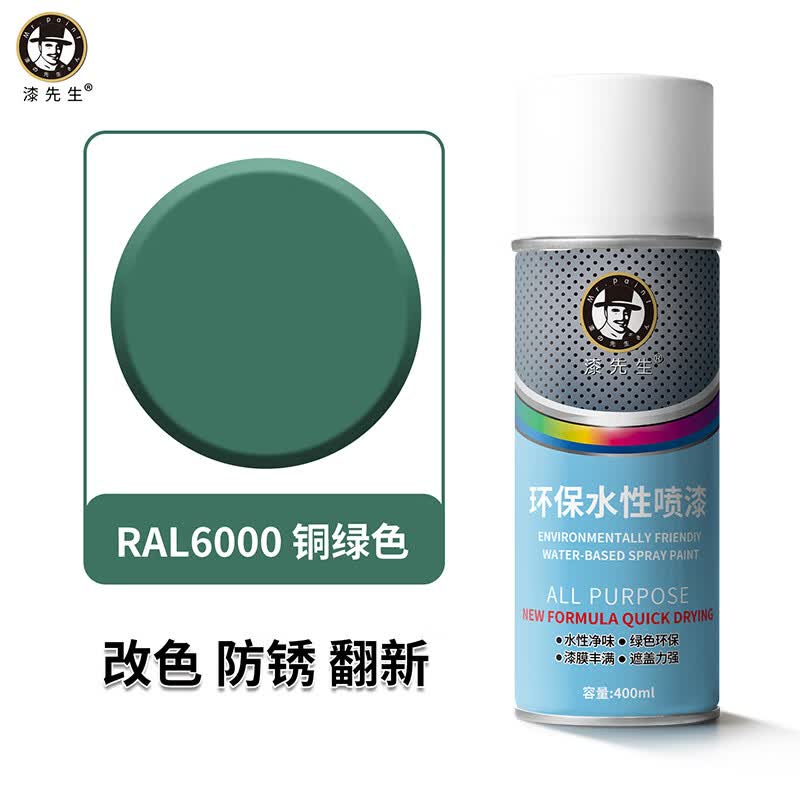 漆先生自喷漆劳尔RAL6003橄榄绿RAL6037纯绿色金属水性漆防锈防腐手喷漆家具门窗翻新栏杆机柜改色墙面涂鸦水性喷漆 RAL6000铜锈绿色 400ml