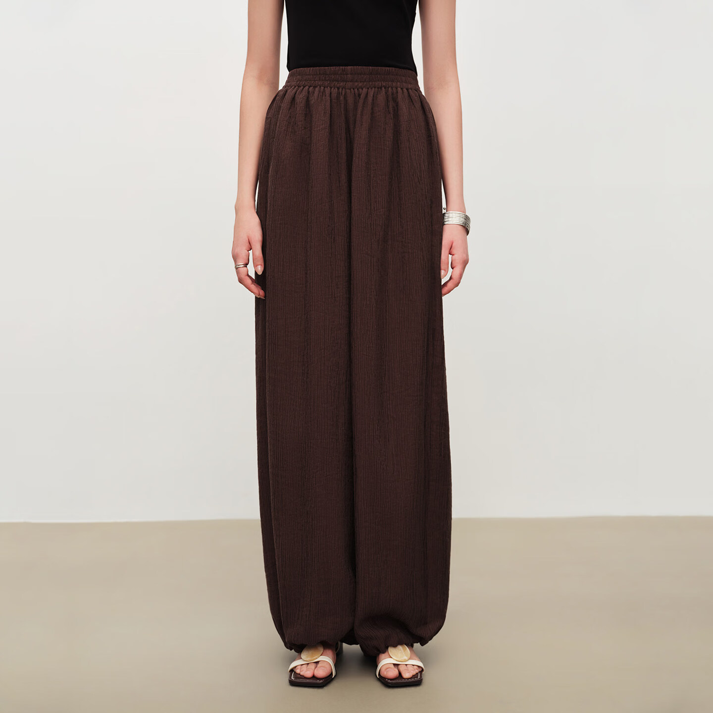 自巧小个子肌理感天丝羊毛松紧腰灯笼裤女2026夏新品气球裤 乌木棕 莱赛尔羊毛 S （尺码：3）