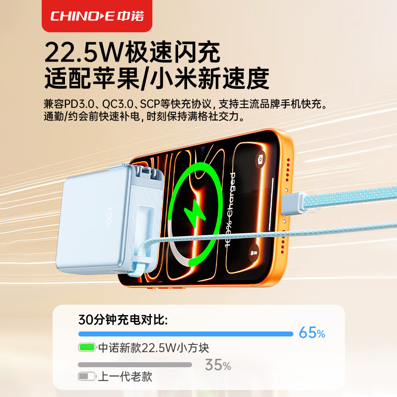 中诺(CHINO-E)【国家3C安全认证 可上飞机高铁】充电宝10000毫安自带插头自带线小巧便携移动电源适用苹果小米 海盐蓝【1万毫安+AC插头+自带线】