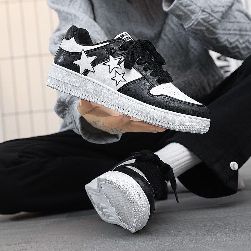 西域骆驼（VANCAMEL）男鞋板鞋男低帮休闲鞋运动鞋轻便百搭鞋子皮面黑白熊猫dunk小白鞋 【官方正品 质量保证】黑色配色 44