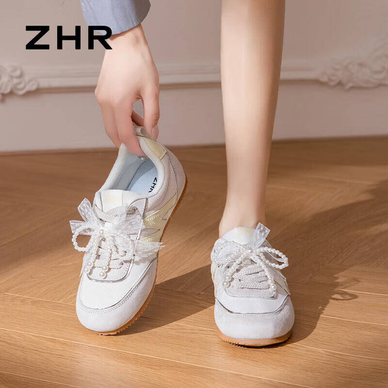 ZHR则则德训鞋女鞋轻软甜美运动鞋女珍珠蕾丝休闲鞋子女防滑百搭元气满满 米黄 35