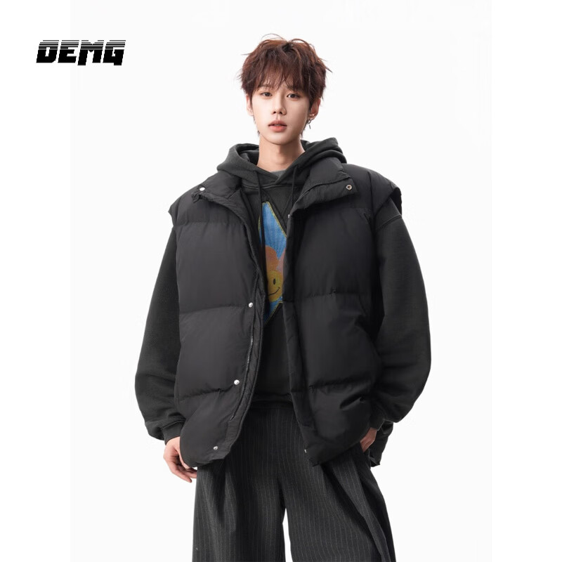 OEMG  深灰色白鸭绒无袖背心羽绒服男士秋冬季上衣袄保暖潮棉宽松外套 黑色 3XL [建议150-170斤]