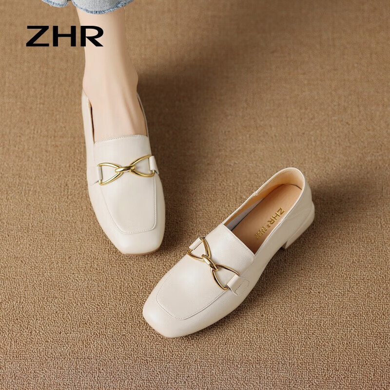 ZHR则则单鞋女秋季新品蝴蝶结金属饰扣休闲鞋子女百搭真牛皮透气舒适 米色 37