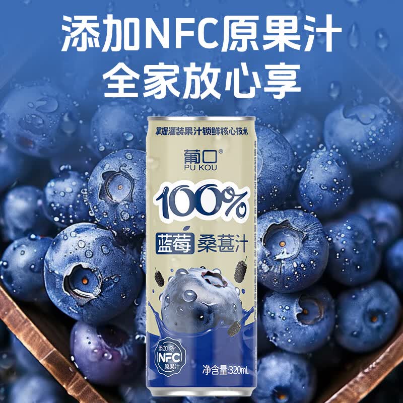 葡口(pukou)果肉饮料果汁清甜解腻饮料健康饮品干净0添加防腐剂 【蓝莓桑葚汁】320ml*6罐 夏日冰镇更好喝