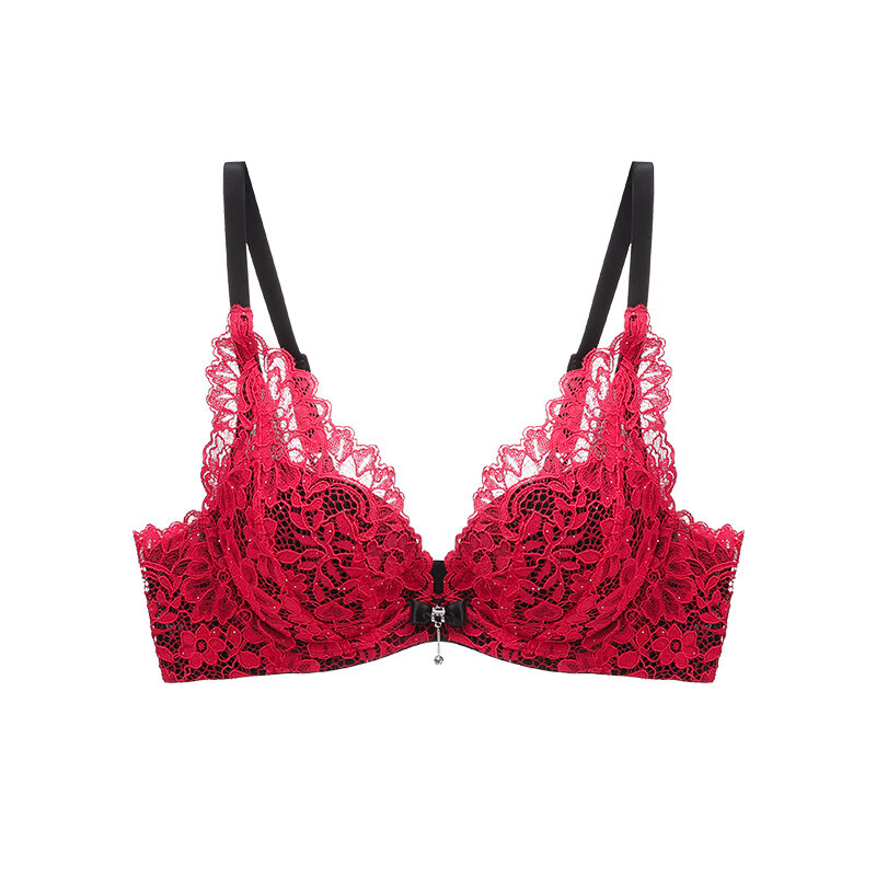 伊丝艾拉聚拢防下垂内衣女性感胸罩红色蕾丝本命年新娘文胸套装 蔷薇红 75B /34B