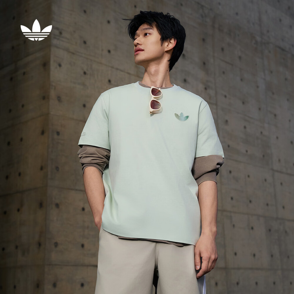 adidas经典简约纯棉运动上衣短袖T恤男女夏季阿迪达斯官方三叶草   亚麻绿   L