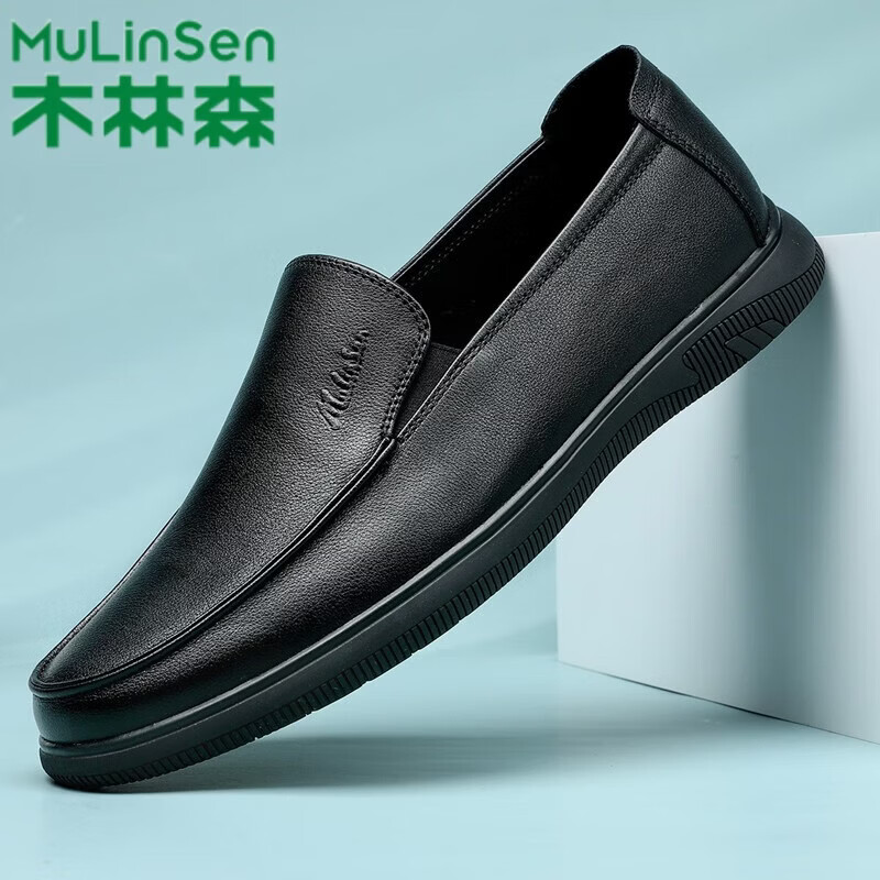 木林森真皮男鞋软底软面休闲皮鞋头层牛皮轻便商务皮鞋工作通勤鞋 黑色加绒 44