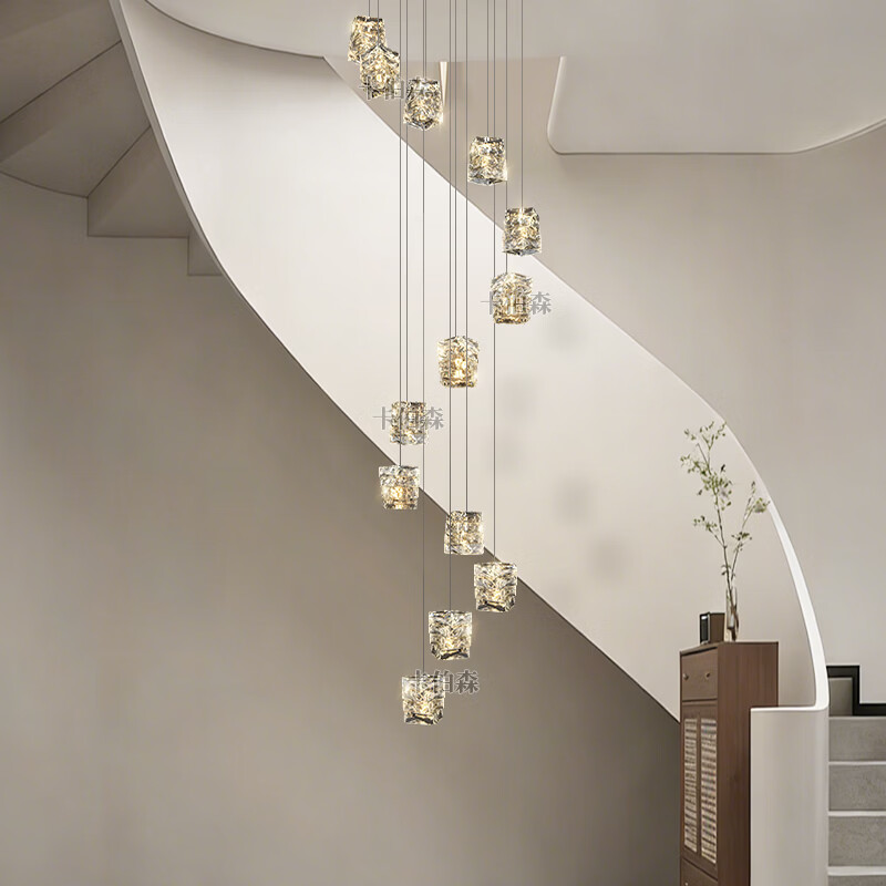 卡伯森复式楼挑高客厅吊灯loft楼梯灯语音智能别墅水晶吊灯会所灯 7头40CM【无极+天猫精灵】【全光谱】