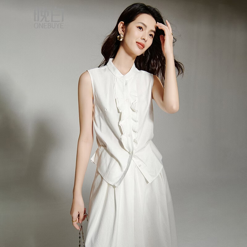 晚白【新品】2026年夏款经典简洁立领棉麻上衣亲肤透气舒适无袖衬衫女 白色 M