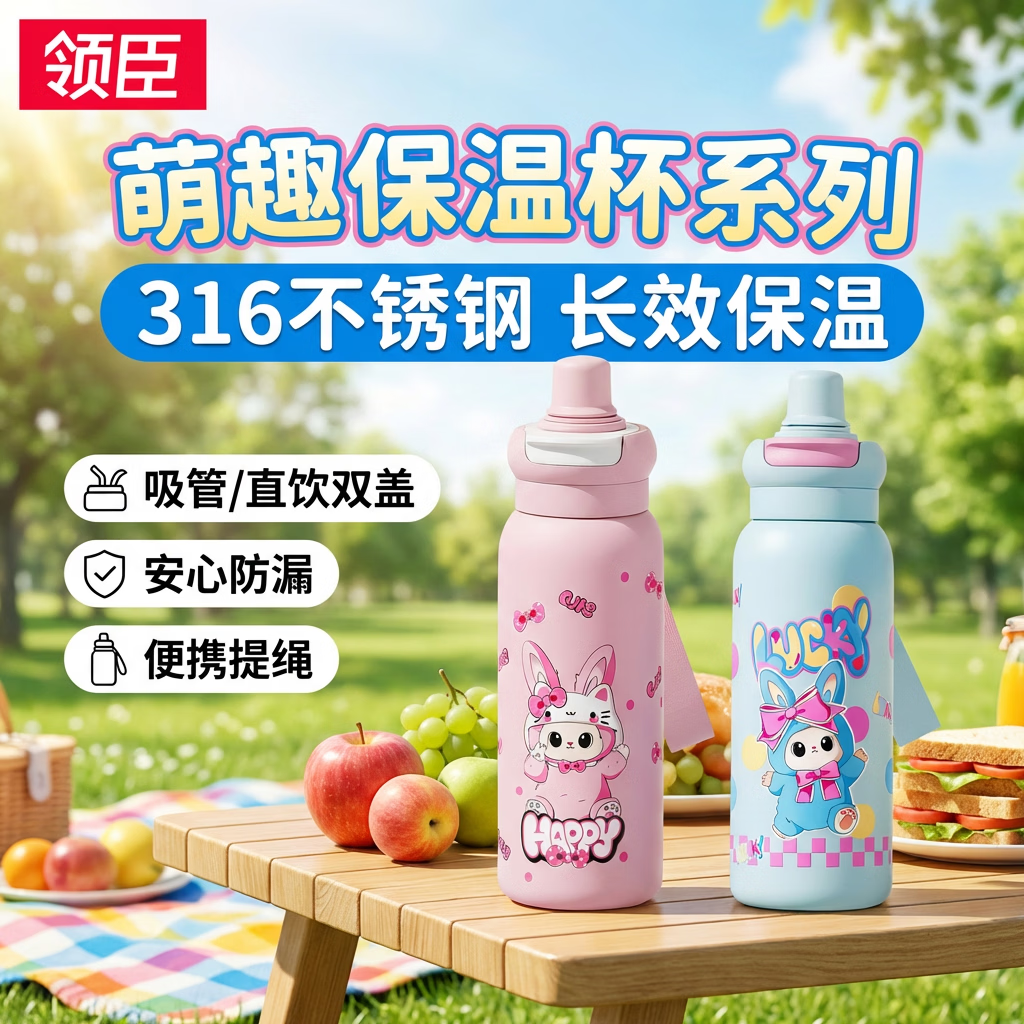 领臣（LINGCHEN）保温杯大容量316食品级儿童双饮吸管杯学生上学专用水杯子礼品
