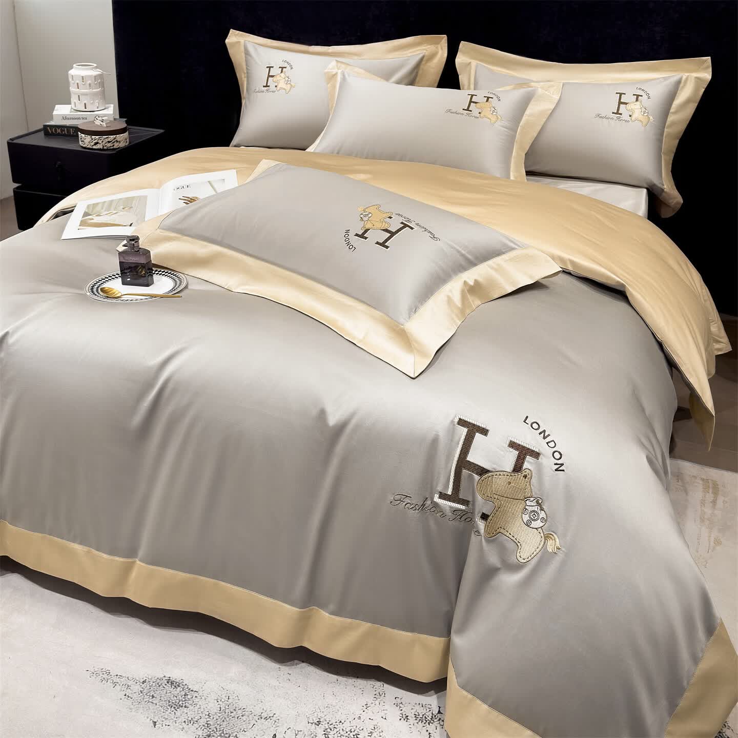 160支长绒棉四件套100%纯棉刺绣26年新款四季通用亲肤床上四件套 萌马-铂金灰 1.5m 床单款 被套200*230cm四件套