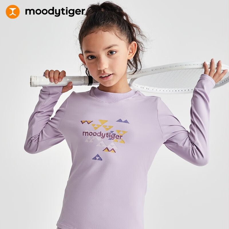 moodytiger女童长袖T恤秋冬新款圆领印花百搭运动衫儿童上衣装 浅紫粉 130cm高性价比高么？
