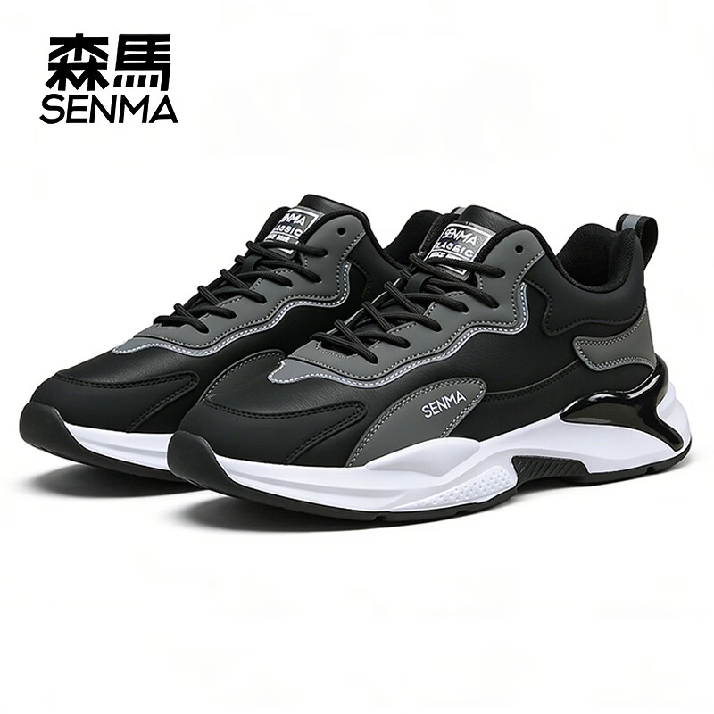 森馬（senma）男士时尚休闲皮面运动鞋潮流百搭厚底防滑跑步鞋 黑色 41