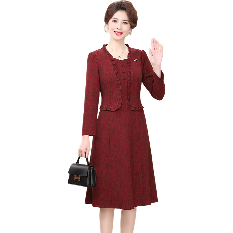 甘甘的世界2025年冬新款喜婆婆長袖甘夫人婚宴中年女裝中長款連衣裙 紅色 4XL 適合140-155斤