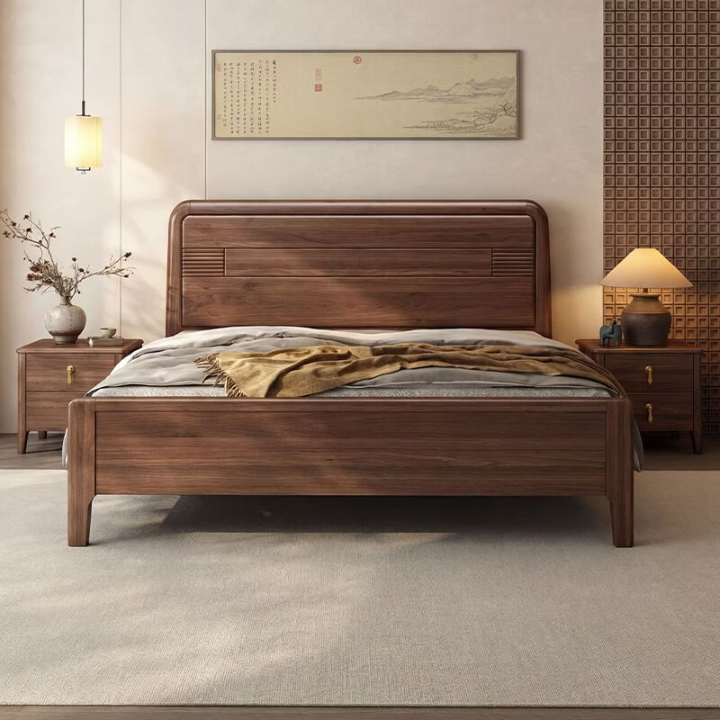 桓伊筝北美黑胡桃木实木床现代简约1.8米双人床主卧家用储物婚床 实木单床 1.5*2米 家具结构 卡槽静音松木床板