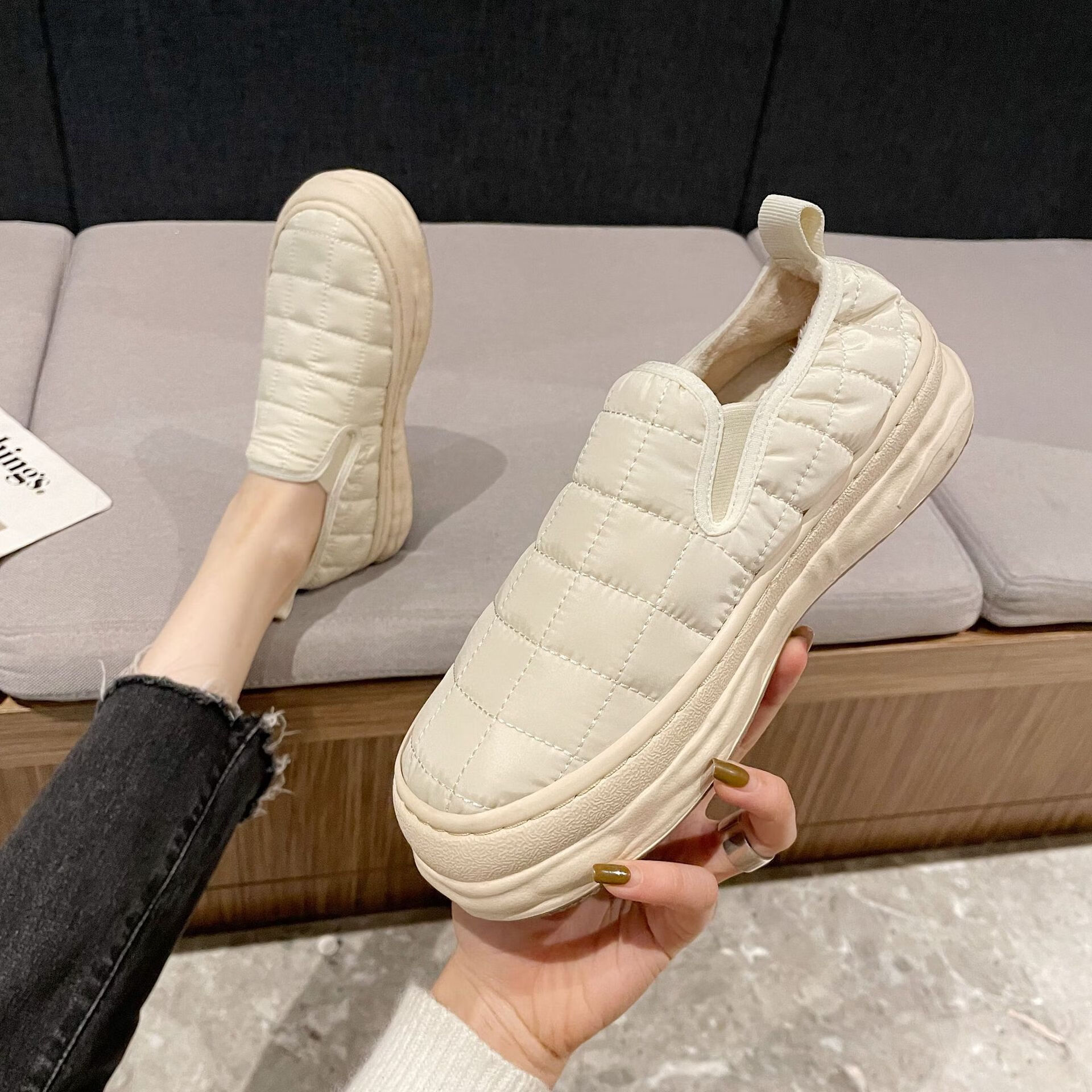 鞋女帆布鞋女鞋一脚蹬休闲女鞋2022秋冬新款加绒防滑厚 白色普通版 35