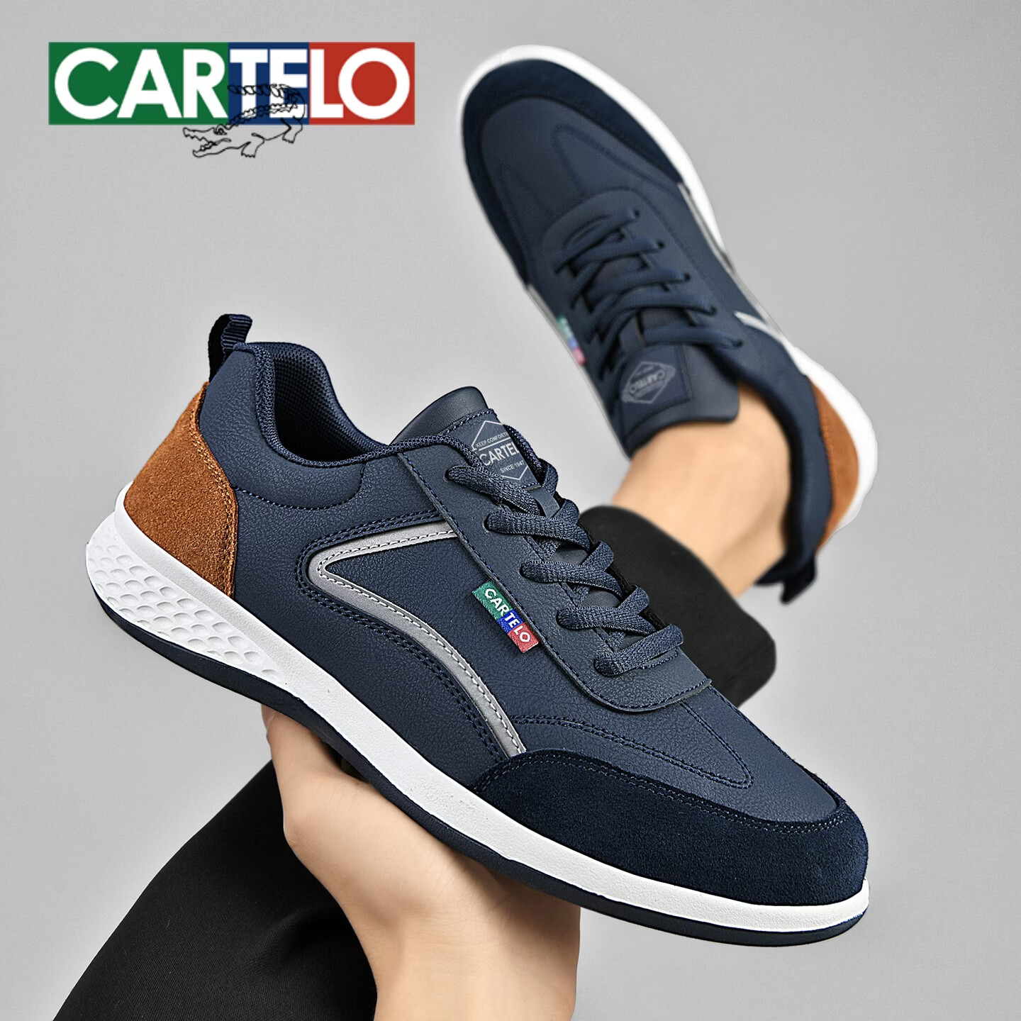 卡帝乐鳄鱼（CARTELO）男鞋厚底透气休闲板鞋男士潮流百搭运动鞋男学生跑步舒适鞋子男款 深蓝色 44 (270mm) 标准运动鞋尺码