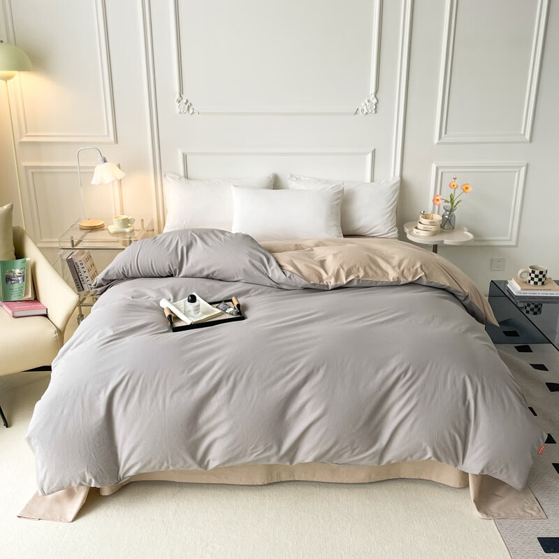 蜜乐暖A类100%纯棉被套单件水洗棉夏季单双人简约被单150x200学生被罩套 浅灰-卡其【A类亲肤无刺激舒适】 150x200cm【100%全棉舒适裸睡 单被套】