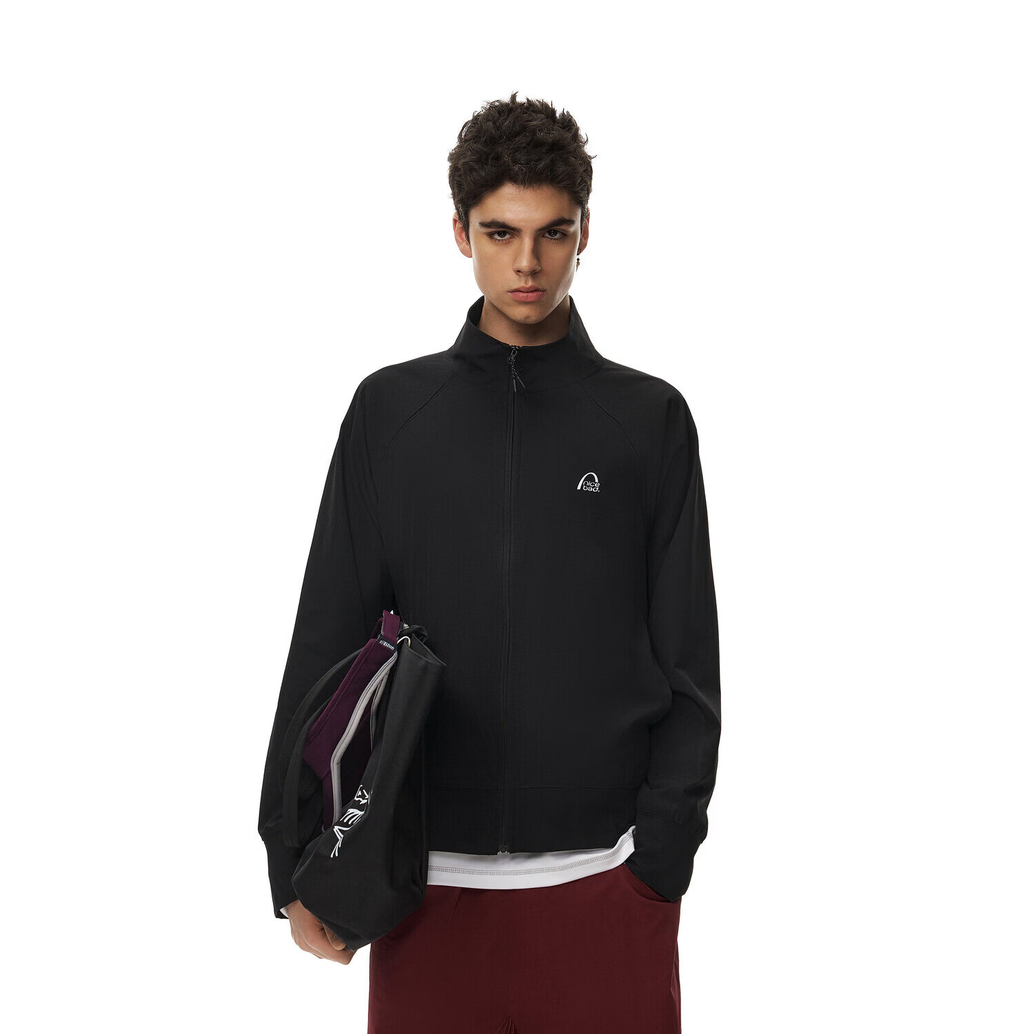 NICEBAD立领合身插肩袖UPF50+防泼水防晒外套肌理感宽松上衣春秋 黑色(预售) S