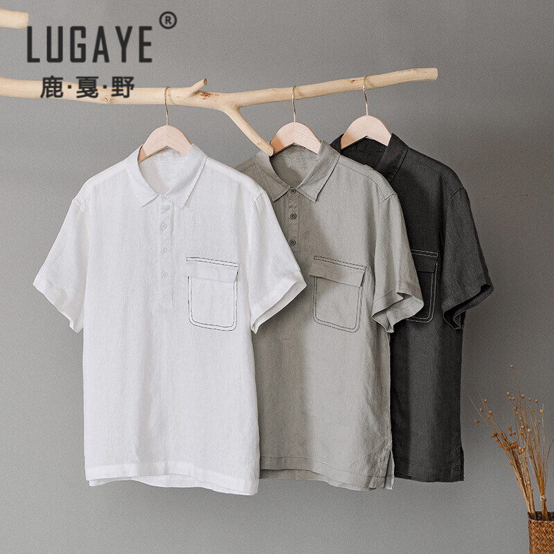 鹿戛野(lugaye)品牌男装翻领亚麻短袖衬衫男夏季薄款日系复古纯麻休闲