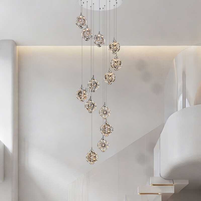 卡伯森别墅吊灯loft复式楼螺旋楼梯水晶灯智能水晶花款挑高客厅大吊灯 7头40CM【无极+天猫精灵】【全光谱】