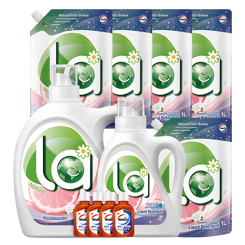 威露士la自然清新洗衣液西柚16.98斤（2.25L瓶+1L瓶+1L*5袋+60ml棕消*4