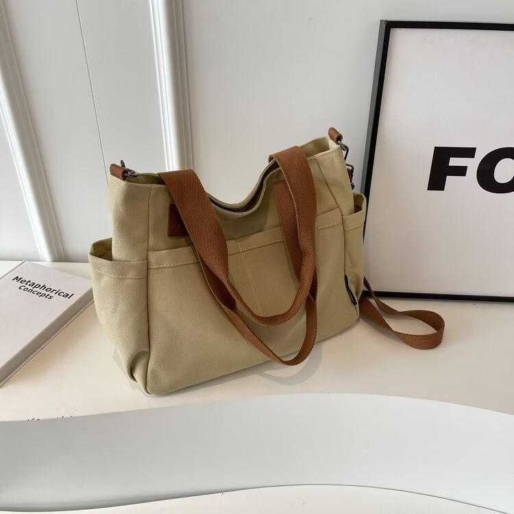 【严选好物】大学生上课帆布包包女2025新款休闲通勤大容量单肩斜 卡其色【12安】 34*14*28