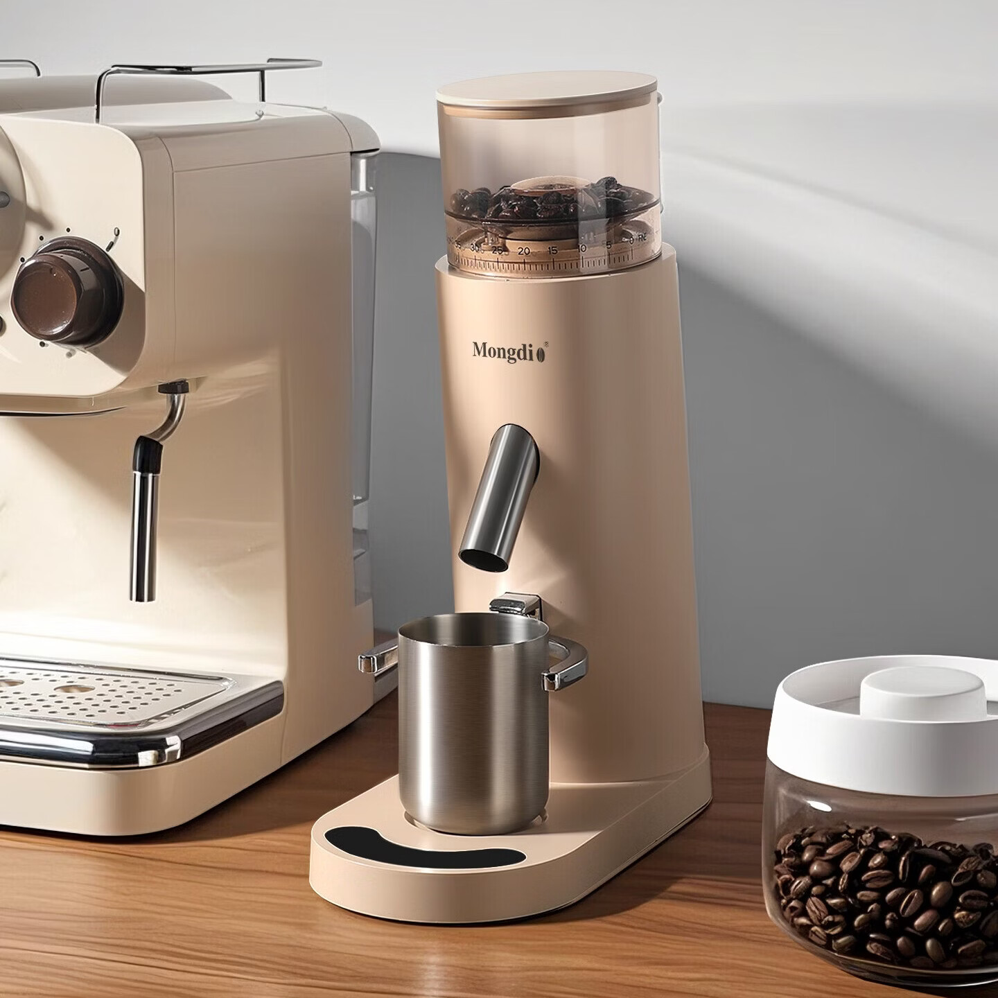 Mongdio磨豆机电动咖啡豆研磨机充电款咖啡磨粉器意式自动磨豆器 电动磨豆机-白色+拍粉器 60档细微调节【防飞粉】