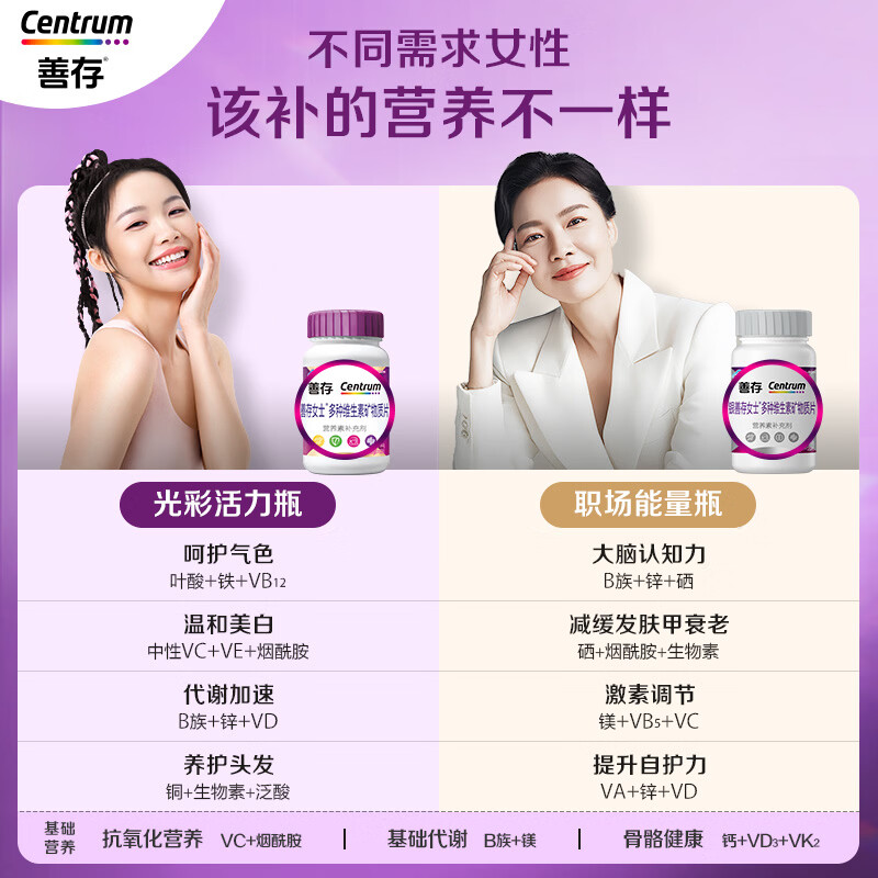 善存女士复合维生素 B族烟酰胺多种VDCEK2叶酸铁B12 高吸收紫瓶120粒