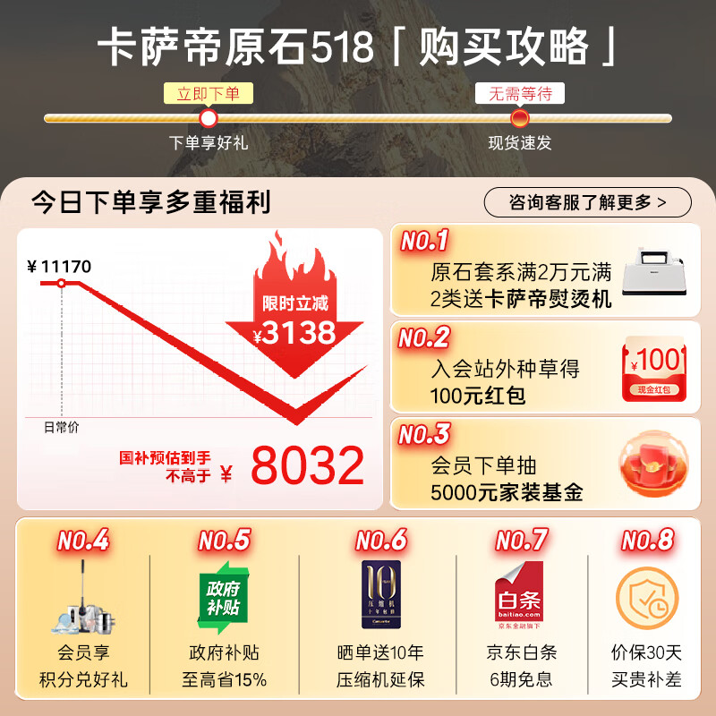 卡萨帝（Casarte）原石系列MRAPLUS低氧窖藏保鲜594MM超薄零嵌十字门家用电冰箱一级能效以旧换新BCD-518WGCTDM4GUU1