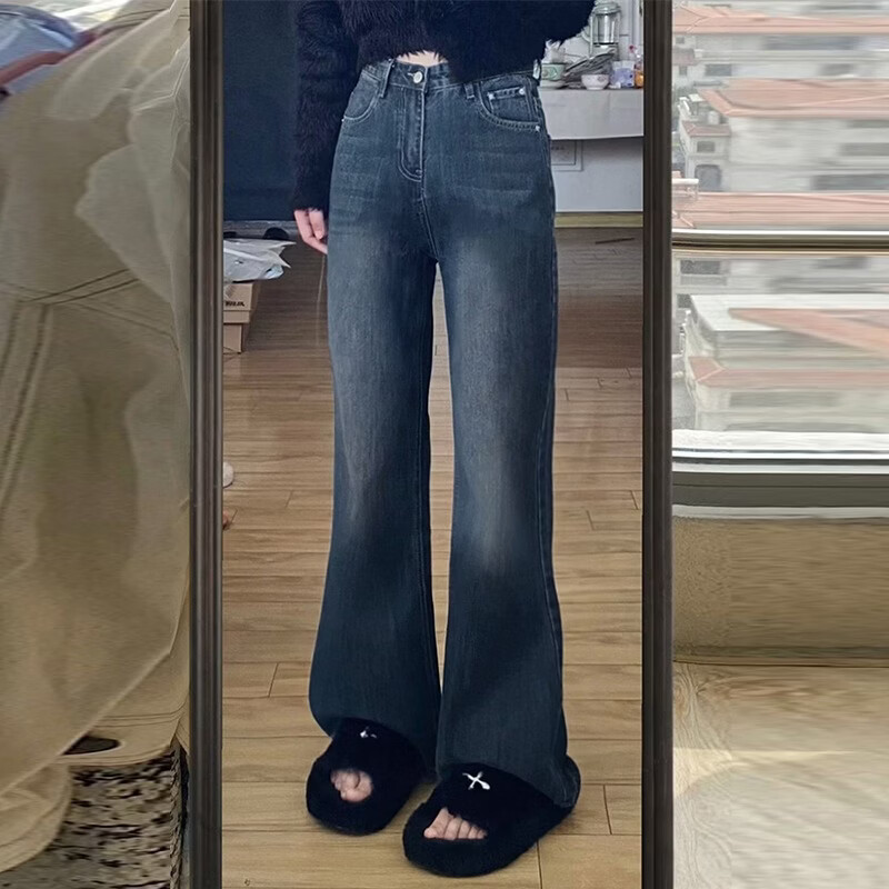 WAMLBN秋冬美式复古大码胖mm百搭显瘦加绒加厚牛仔裤女气质微喇裤韩版潮 黑灰色（加绒） 2XL