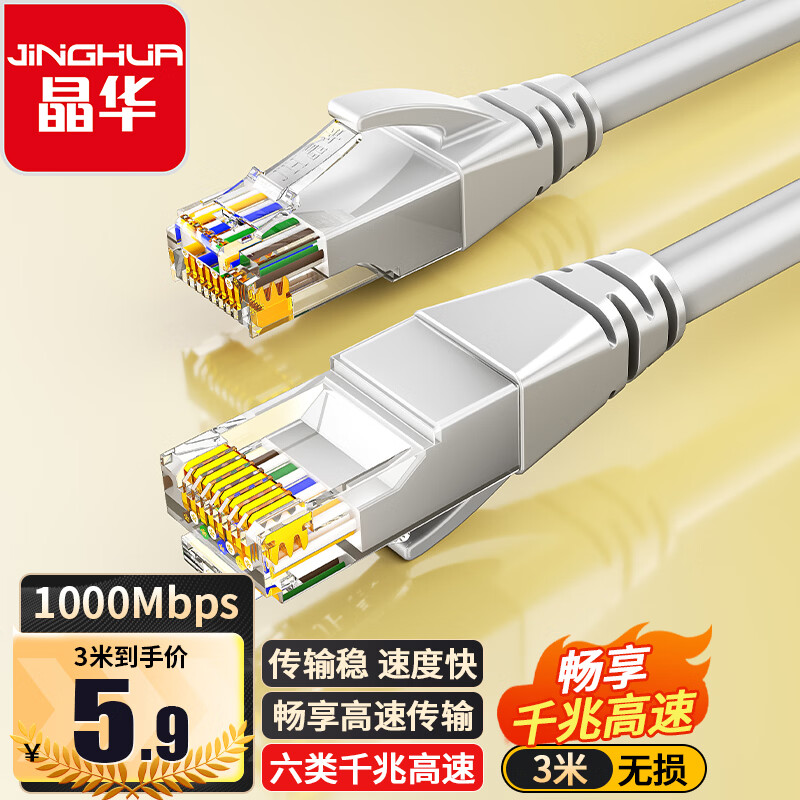晶华 六类CAT6类网线 高速千兆网络连接线 家用电脑宽带机顶盒非屏蔽8芯双绞工程跳线 灰色3米 W191H