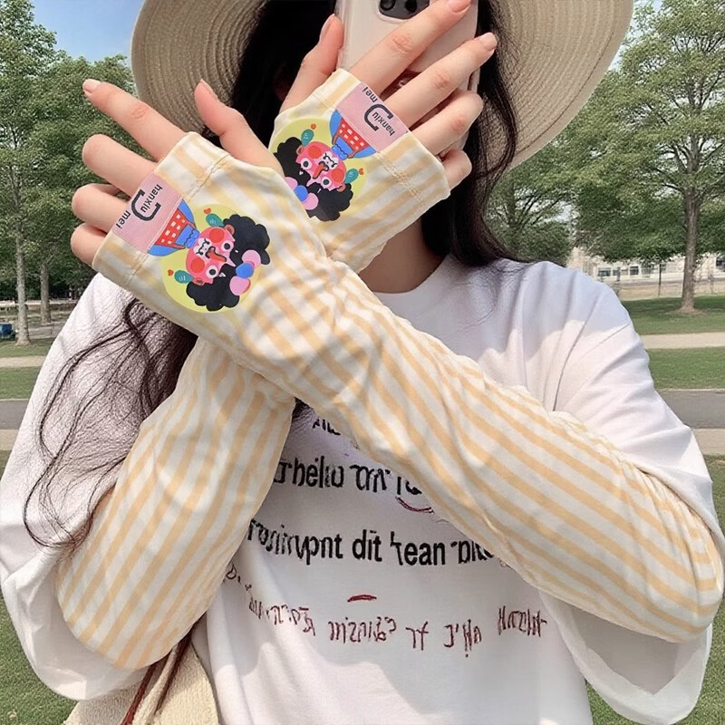 万宝绿冰袖女防晒袖套防紫外线夏季冰丝宽松版2026新款护袖手臂套 UPF50+【黄色条纹女孩】宽松可调节.