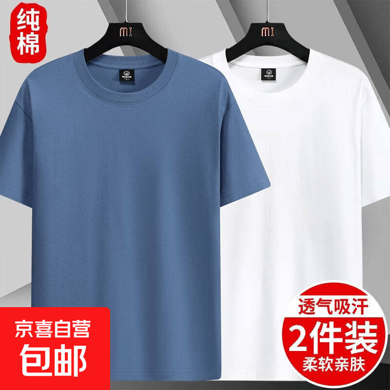 100%纯棉短袖t恤男士宽松学生打底衫男休闲ins圆领纯色体恤1/2件 【2件装】净版 雾蓝+白 2XL  【建议140-150斤】