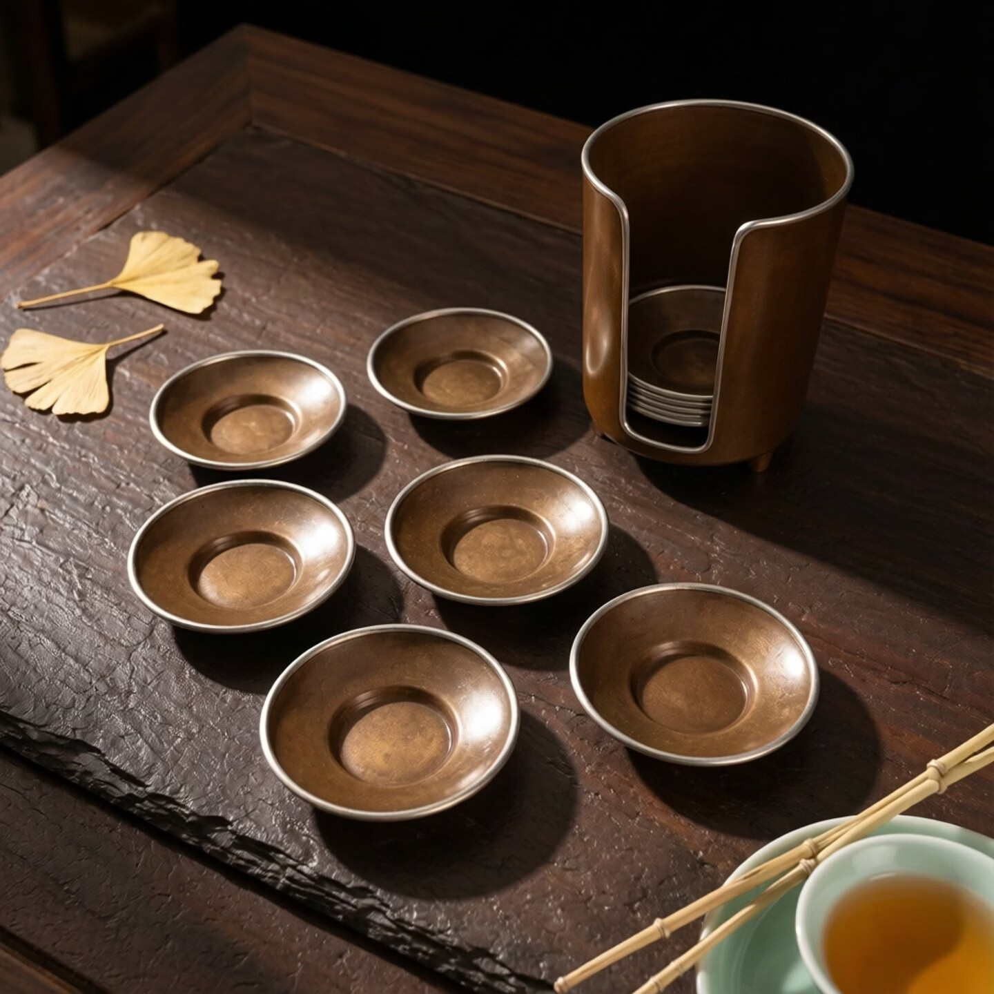 日式复古紫铜杯垫仓手工制作极简风茶具配件茶托功夫茶具配件 紫铜杯垫仓