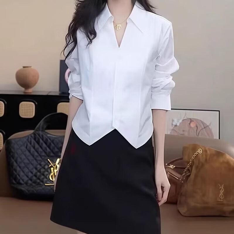 极简风大码白色衬衫女2026春设计感短款别致上衣内搭打底长袖衬衣 白色 XL 115-130斤