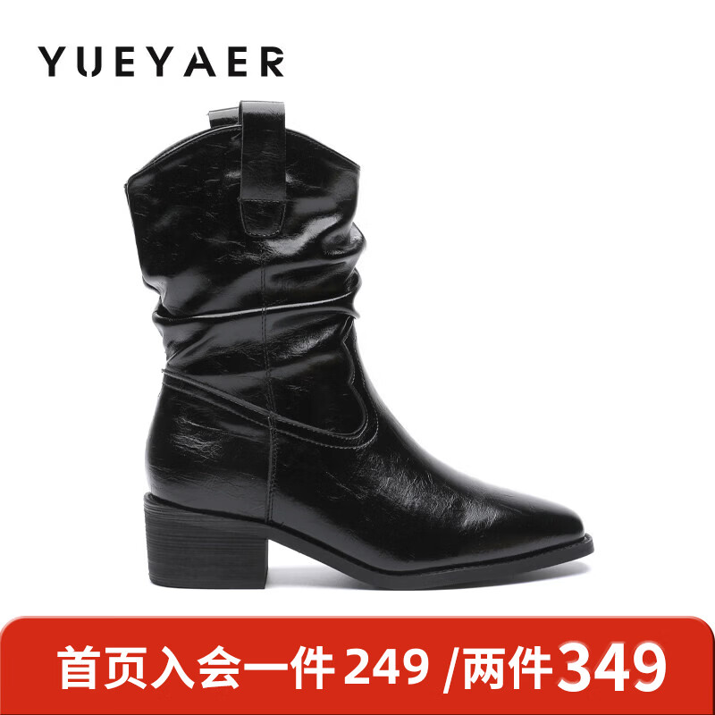 月芽儿复古堆堆靴马丁靴女2025新款冬季尖头黑色短靴显瘦靴子 绒里黑色01T 34