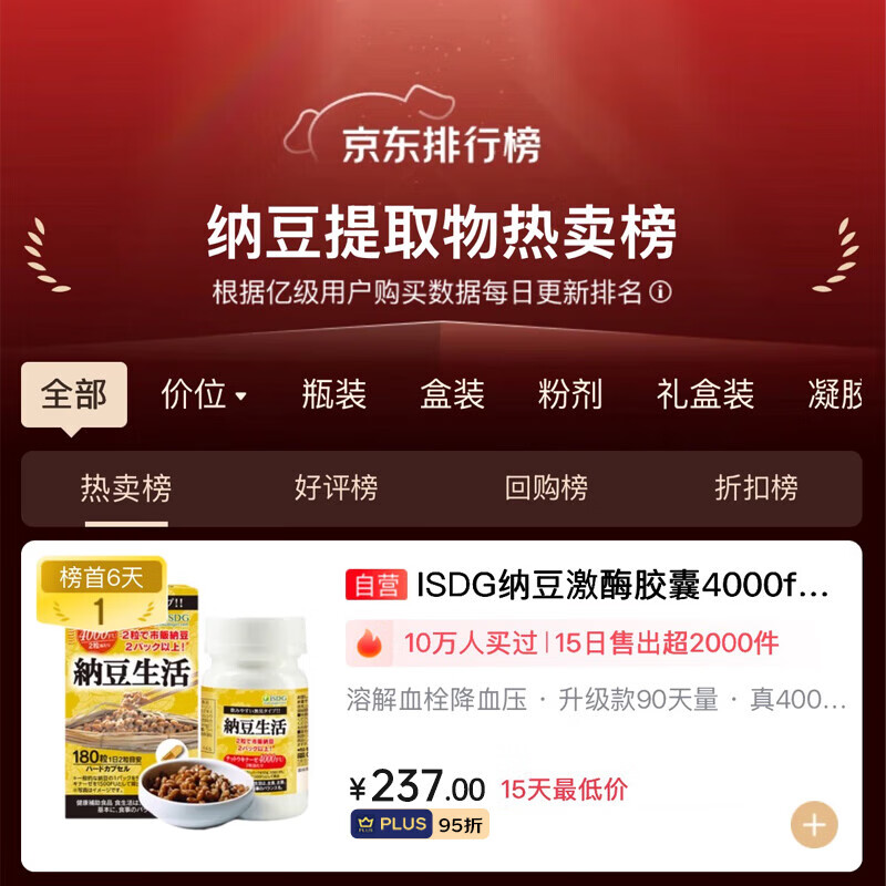 ISDG进口纳豆激酶胶囊4000fu降血压血脂溶栓疏通血管调节三高保健品 【大瓶装】养护血管 180粒*1瓶 【热卖款】