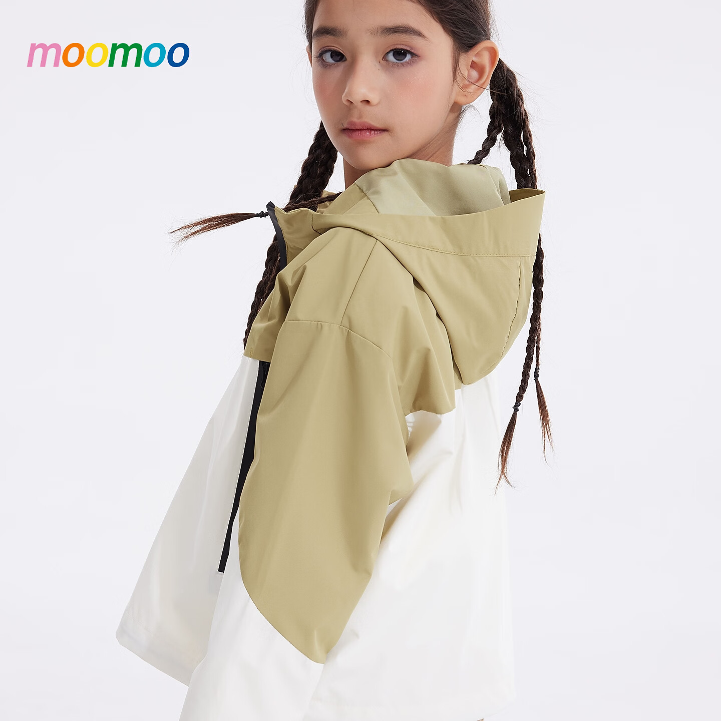 莫莫(Moomoo)美特斯邦威童装梭织外套女童春新款运动户外宽松潮流拼色上衣 绿白色组 130 /64