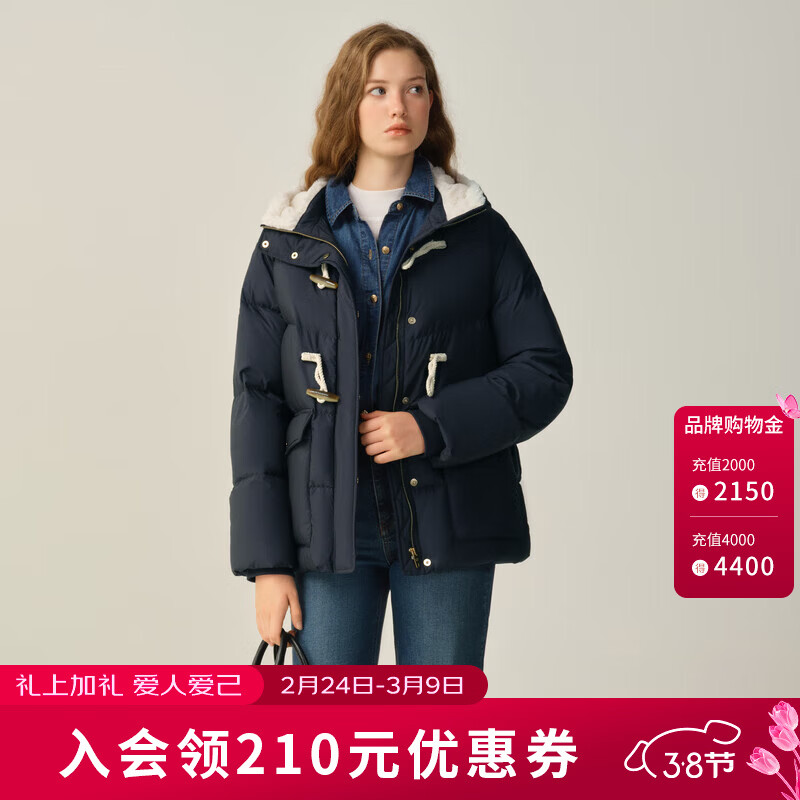 ELAND衣恋羽绒服女时尚带帽长袖鸭绒外套2025冬季新款 藏青色(59)Navy M /165
