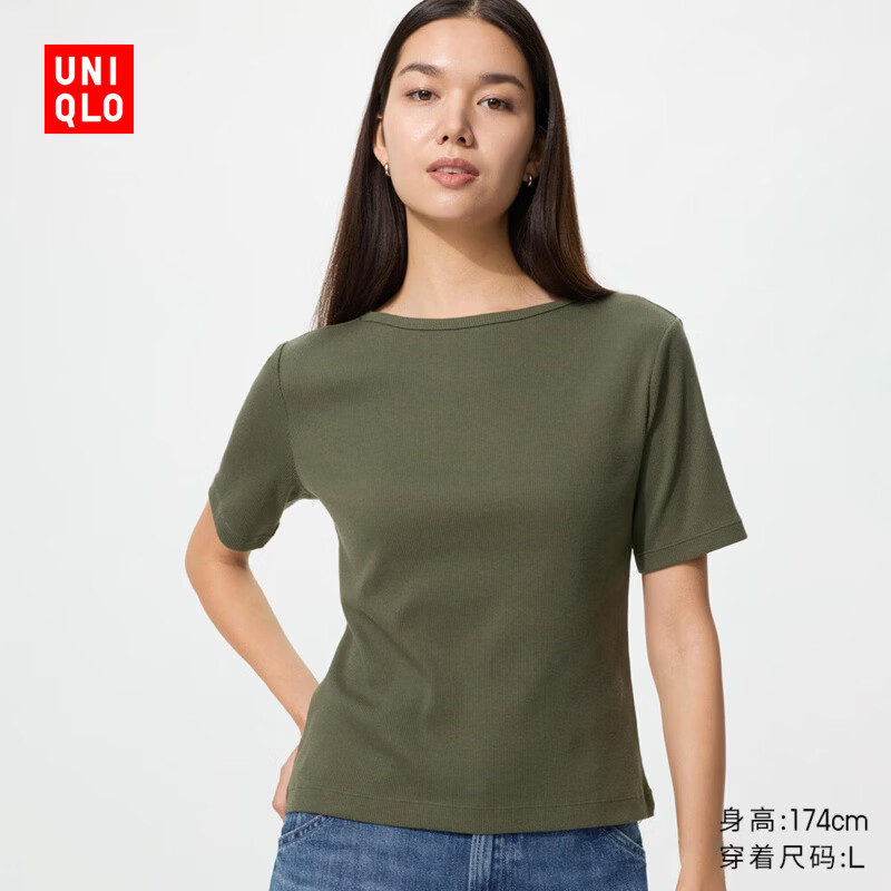 优衣库女装罗纹船领T恤/五分袖26春夏新款483467 56 橄榄色 L