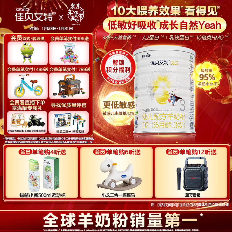 佳贝艾特（Kabrita）悦白婴幼儿配方羊奶粉 3段(1-3岁)400克 天然A2蛋白