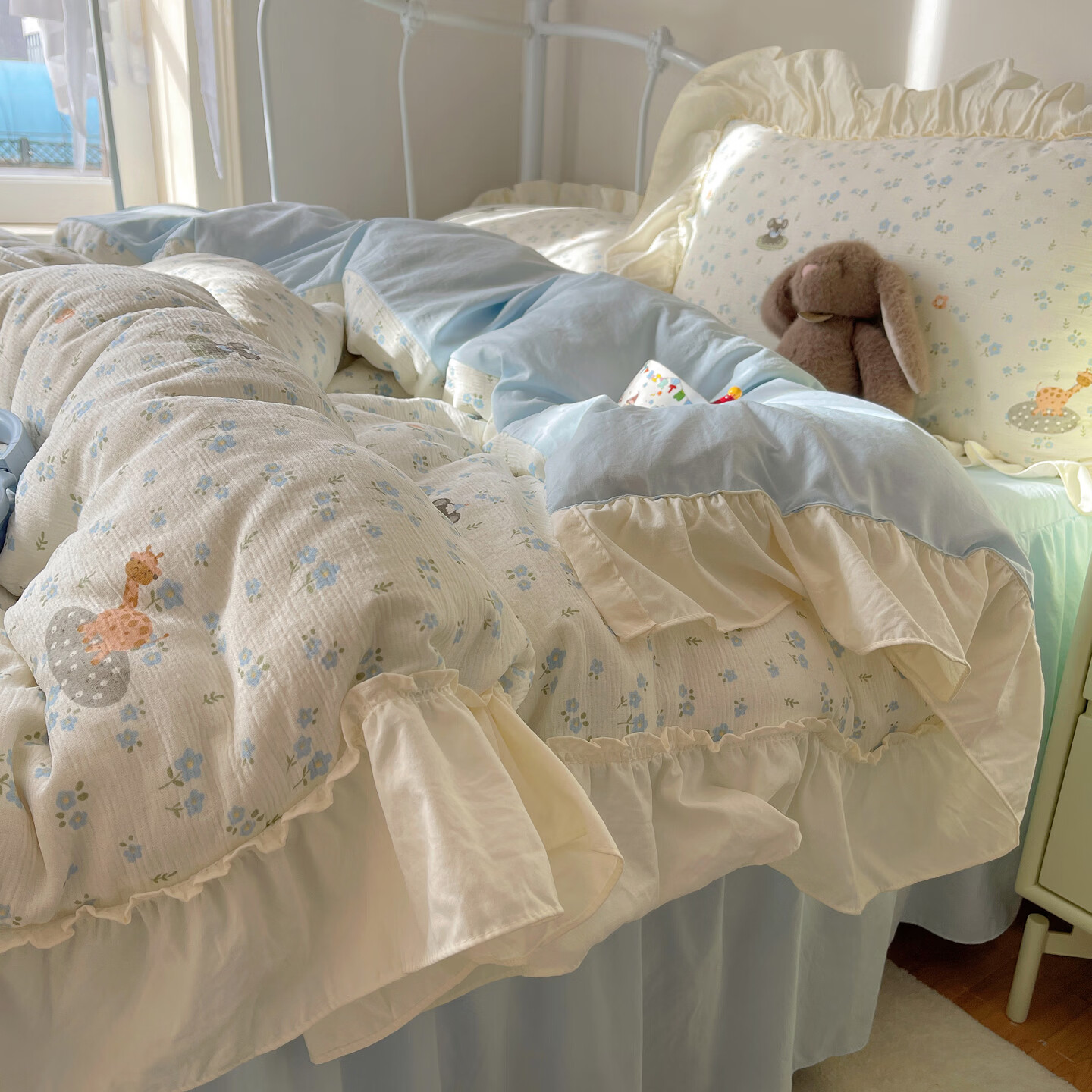 无印良品韩系皱皱纱床上四件套裸睡超柔花边被套床单床裙款家用宿舍三件套 花漾星球【法式花边设计】 1.8m 床单款 四件套-被套200x230cm