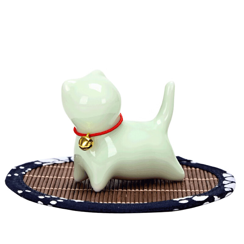 山头林村陶瓷可爱小猫咪摆件动物微景观茶宠室内桌面装饰茶具配件茶玩批发 萌猫摆件青色