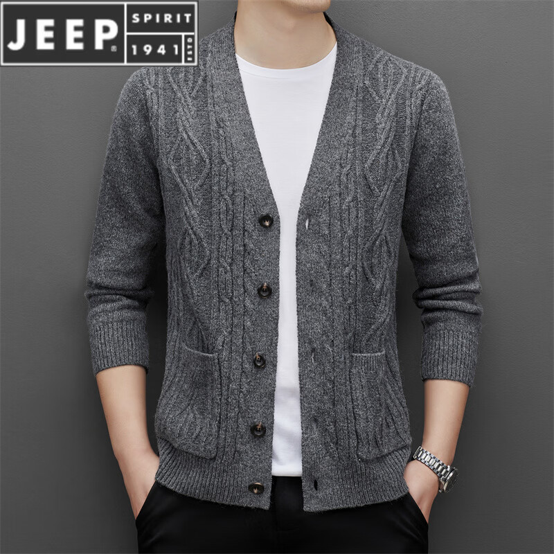JEEP SPIRIT春季新款时尚休闲中青年男士开衫毛衣复古宽松帅气针织衫休闲外套 灰色 S 165/80A