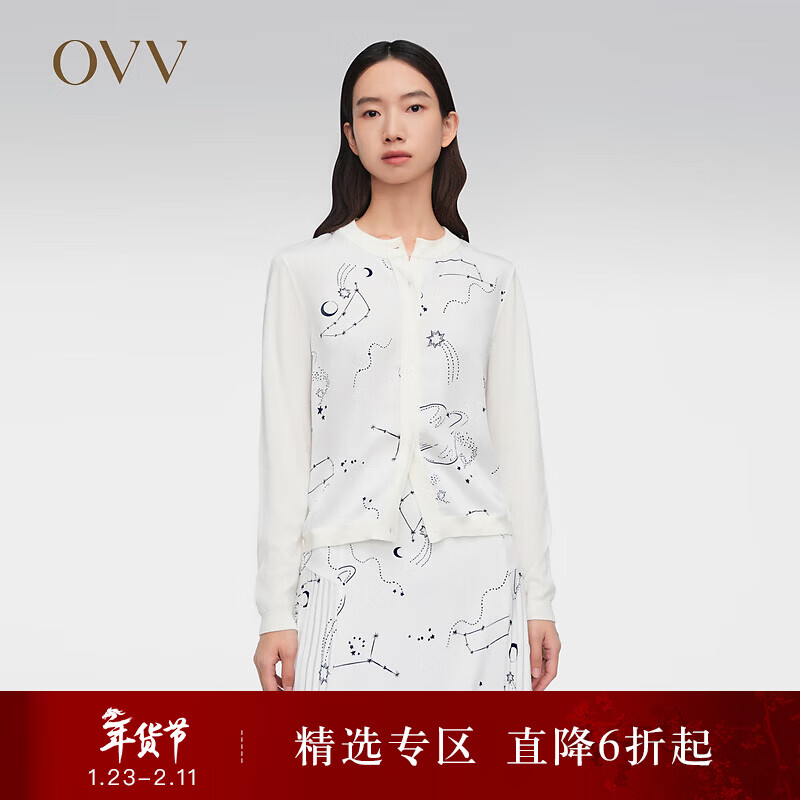 OVVOVV【星辰印花系列】春夏热卖女装圆领长袖针织开衫外套 象牙白花纹09 S