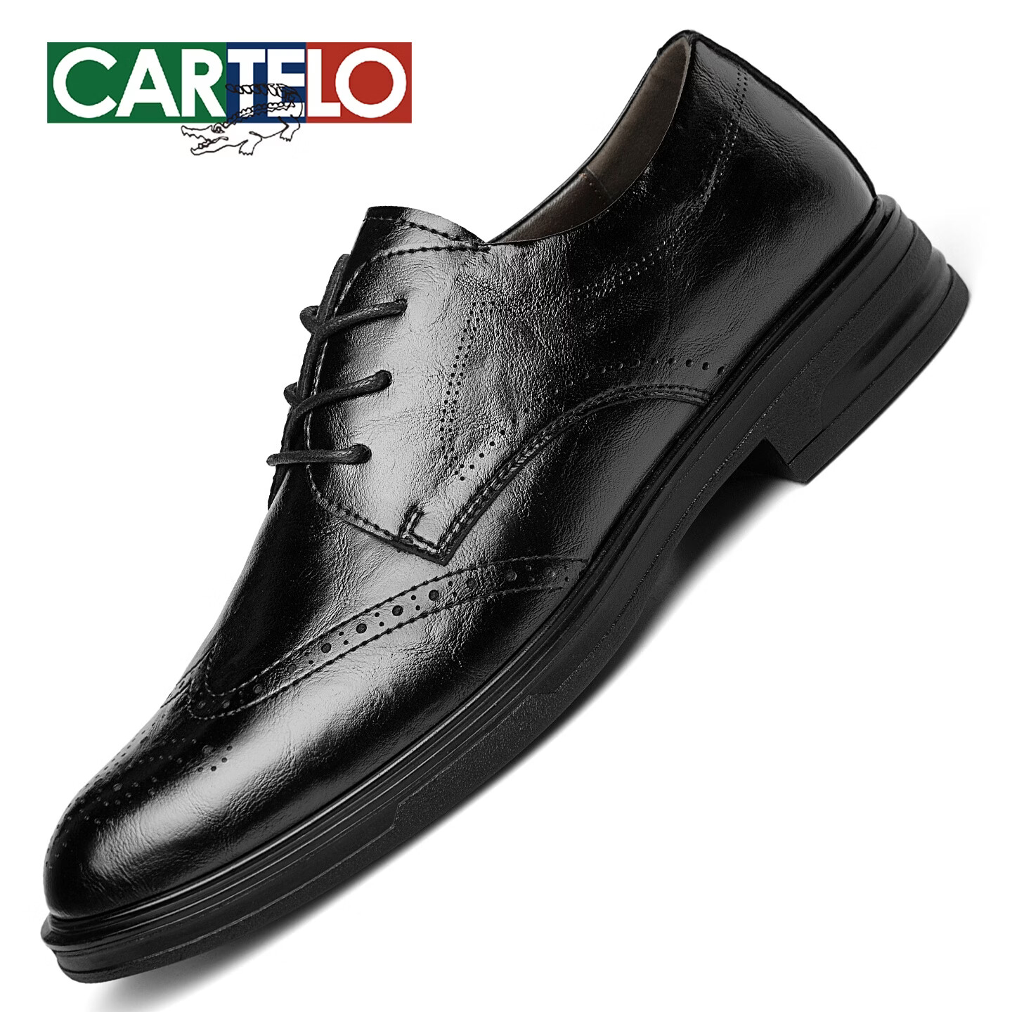 卡帝乐鳄鱼(CARTELO)棕色皮鞋男布洛克商务英伦风德比鞋男时尚软底新郎婚礼增高正装鞋 黑色 44 (270mm) 标准皮鞋尺码