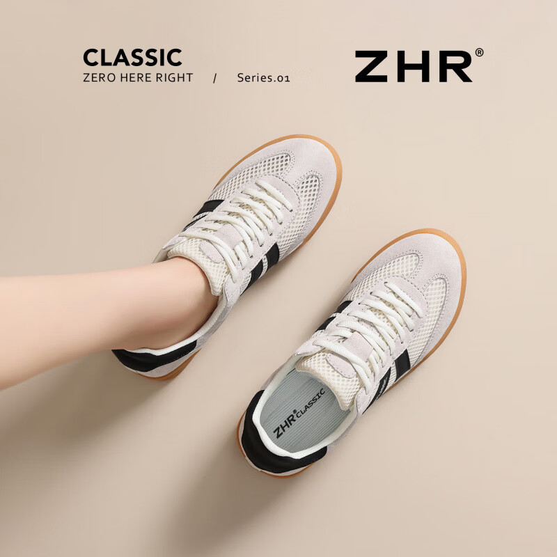 ZHR则则板鞋女网面透气休闲时尚德训鞋新款平底经典百搭系带小白鞋女 灰黑色 【网面四季款】 37