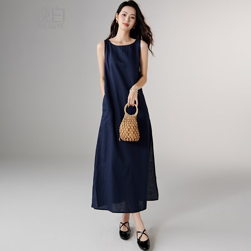 晚白【新品】2026年春款休闲棉麻裙子宽松显瘦纯色无袖连衣裙 蓝色 S